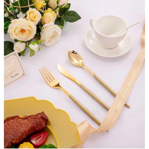 Supernal 102pc Gold Plastic Silverware Disposable Cutlery Set Dark Gold Handle - Picture 4 of 4